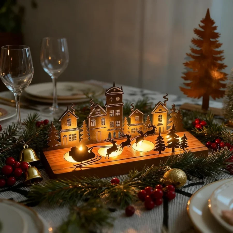 Wooden tray Advent tea light holder with metal reindeer and tree