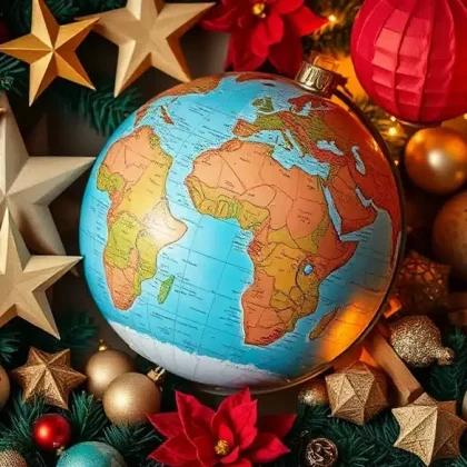 Globe surrounded by Christmas decorations from different cultures