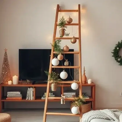 Wooden ladder decorated as alternative Christmas tree