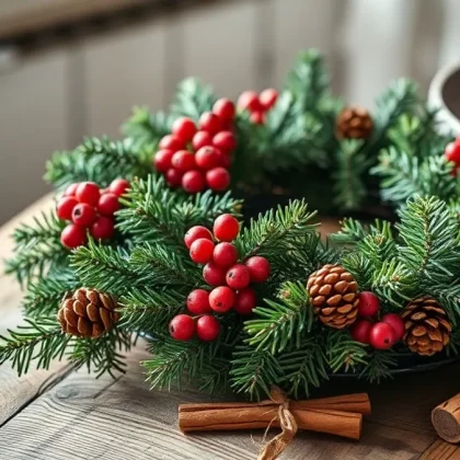 Handmade Christmas wreath with pine cones and red berries